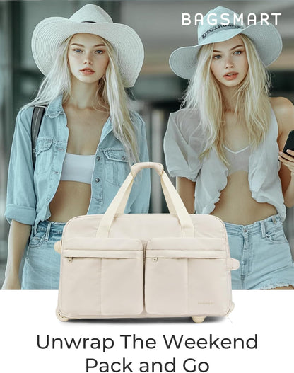 42L Rolling Duffle Bag with Wheels, Carry On Bag Duffel Bag for Travel, Wet Pocket Duffle Bag with Wheels and Handle, Beige