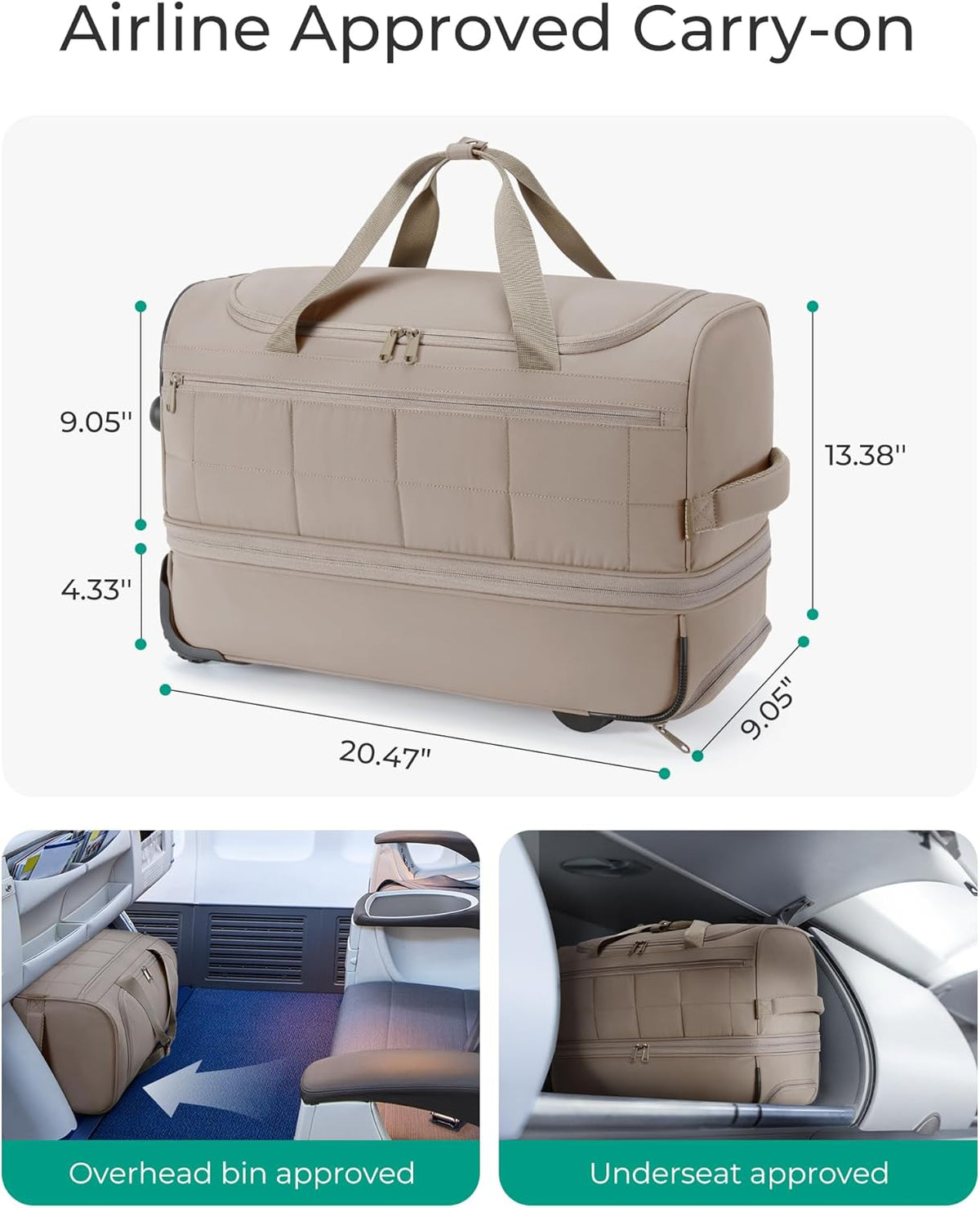 42L Rolling Duffle Bag with Wheels, Carry On Bag Duffel Bag for Travel, Wet Pocket Duffle Bag with Wheels and Handle, Beige