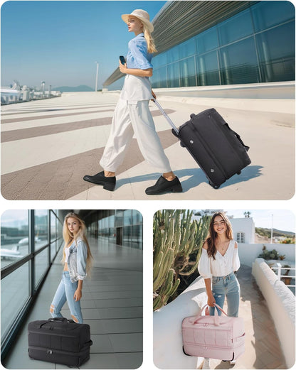 42L Rolling Duffle Bag with Wheels, Carry On Bag Duffel Bag for Travel, Wet Pocket Duffle Bag with Wheels and Handle, Beige