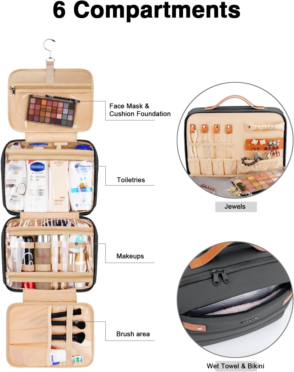 Women's Hanging Toiletry Bag, Waterproof Travel Cosmetic Organizer with Jewelry Storage, Large Capacity Makeup Case for Full-Size Skincare & Bathroom Essentials, Portable Cosmetic kit, Dark Purple