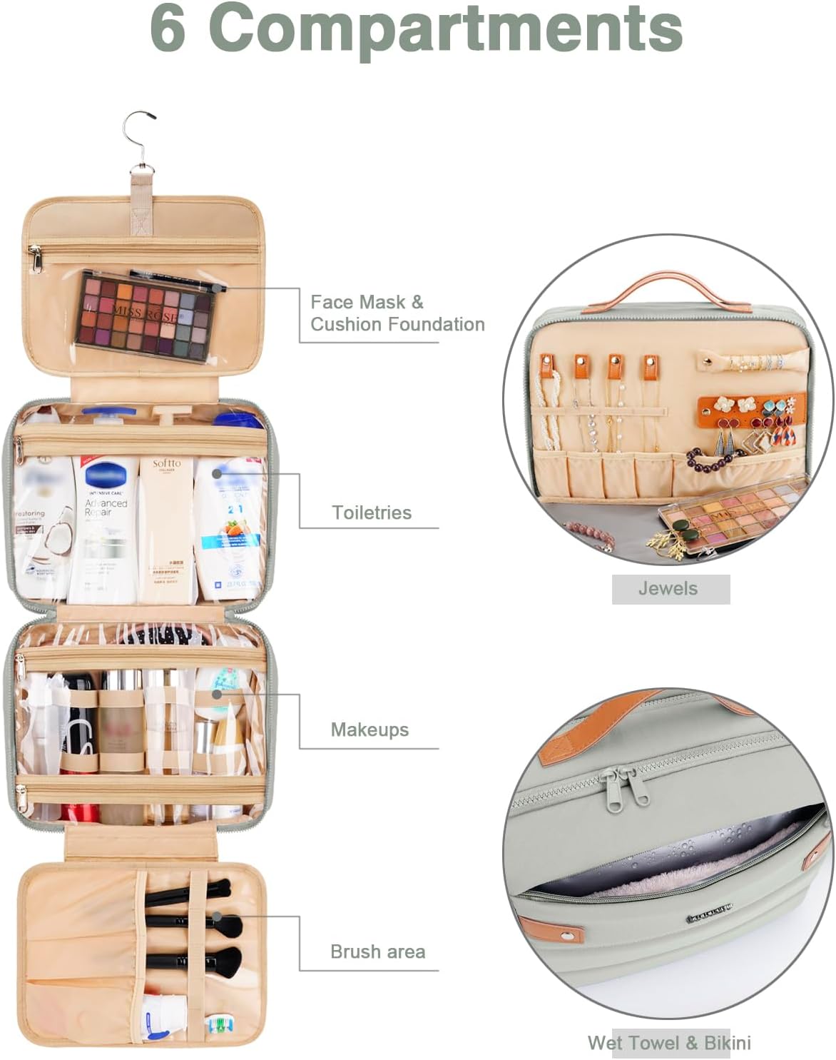 Women's Hanging Toiletry Bag, Waterproof Travel Cosmetic Organizer with Jewelry Storage, Large Capacity Makeup Case for Full-Size Skincare & Bathroom Essentials, Portable Cosmetic kit, Dark Purple