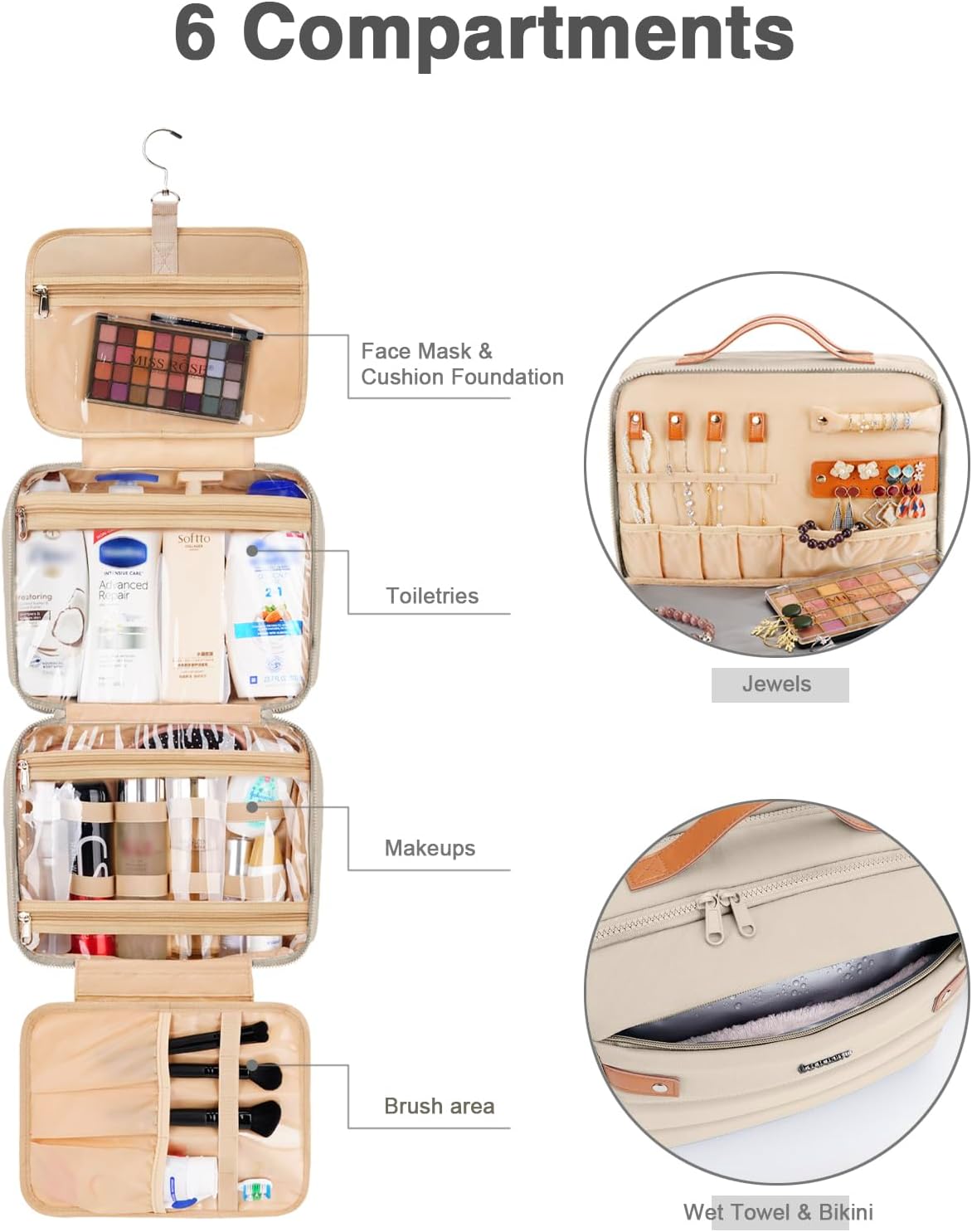 Women's Hanging Toiletry Bag, Waterproof Travel Cosmetic Organizer with Jewelry Storage, Large Capacity Makeup Case for Full-Size Skincare & Bathroom Essentials, Portable Cosmetic kit, Dark Purple
