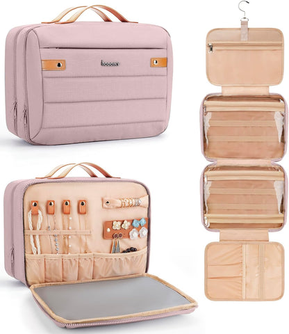 Women's Hanging Toiletry Bag, Waterproof Travel Cosmetic Organizer with Jewelry Storage, Large Capacity Makeup Case for Full-Size Skincare & Bathroom Essentials, Portable Cosmetic kit, Dark Purple
