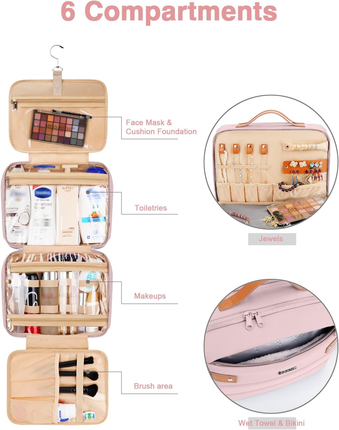Women's Hanging Toiletry Bag, Waterproof Travel Cosmetic Organizer with Jewelry Storage, Large Capacity Makeup Case for Full-Size Skincare & Bathroom Essentials, Portable Cosmetic kit, Dark Purple