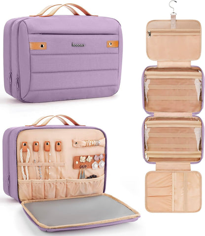 Women's Hanging Toiletry Bag, Waterproof Travel Cosmetic Organizer with Jewelry Storage, Large Capacity Makeup Case for Full-Size Skincare & Bathroom Essentials, Portable Cosmetic kit, Dark Purple