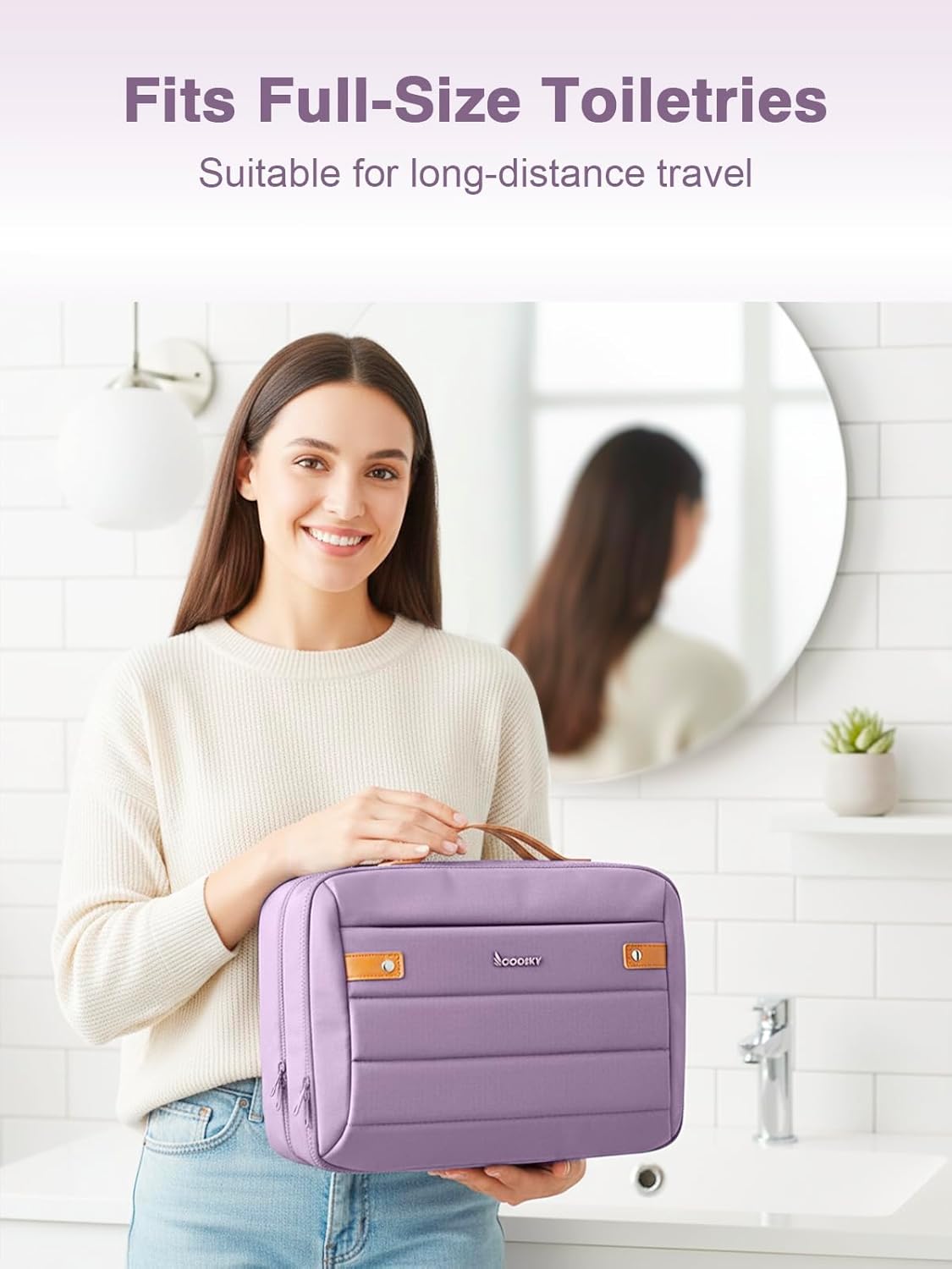 Women's Hanging Toiletry Bag, Waterproof Travel Cosmetic Organizer with Jewelry Storage, Large Capacity Makeup Case for Full-Size Skincare & Bathroom Essentials, Portable Cosmetic kit, Dark Purple