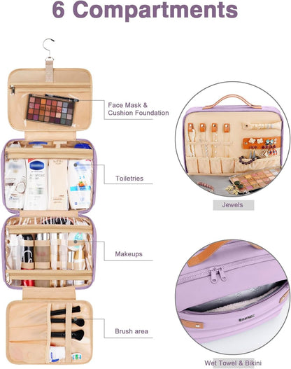 Women's Hanging Toiletry Bag, Waterproof Travel Cosmetic Organizer with Jewelry Storage, Large Capacity Makeup Case for Full-Size Skincare & Bathroom Essentials, Portable Cosmetic kit, Dark Purple