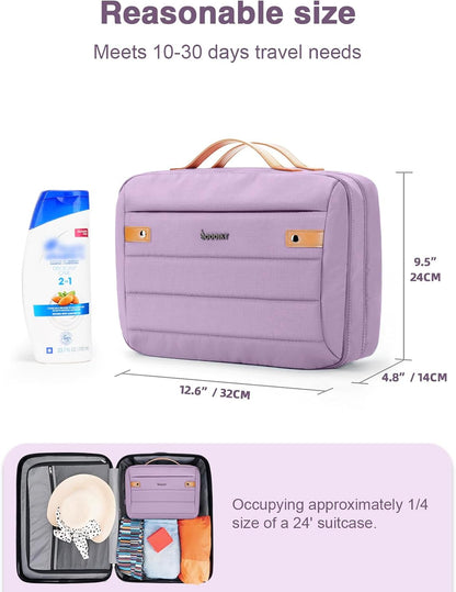 Women's Hanging Toiletry Bag, Waterproof Travel Cosmetic Organizer with Jewelry Storage, Large Capacity Makeup Case for Full-Size Skincare & Bathroom Essentials, Portable Cosmetic kit, Dark Purple