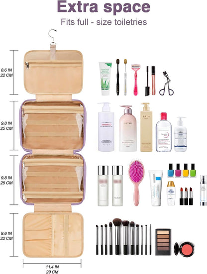 Women's Hanging Toiletry Bag, Waterproof Travel Cosmetic Organizer with Jewelry Storage, Large Capacity Makeup Case for Full-Size Skincare & Bathroom Essentials, Portable Cosmetic kit, Dark Purple