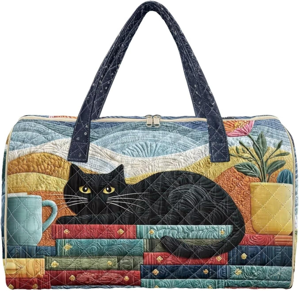 Black Cat Quilted Tote Bag Duffle Bags For Women Travel Quilt Sling Shoulder Bag Large Overnight Hobo Handbag for Work Gym Sport