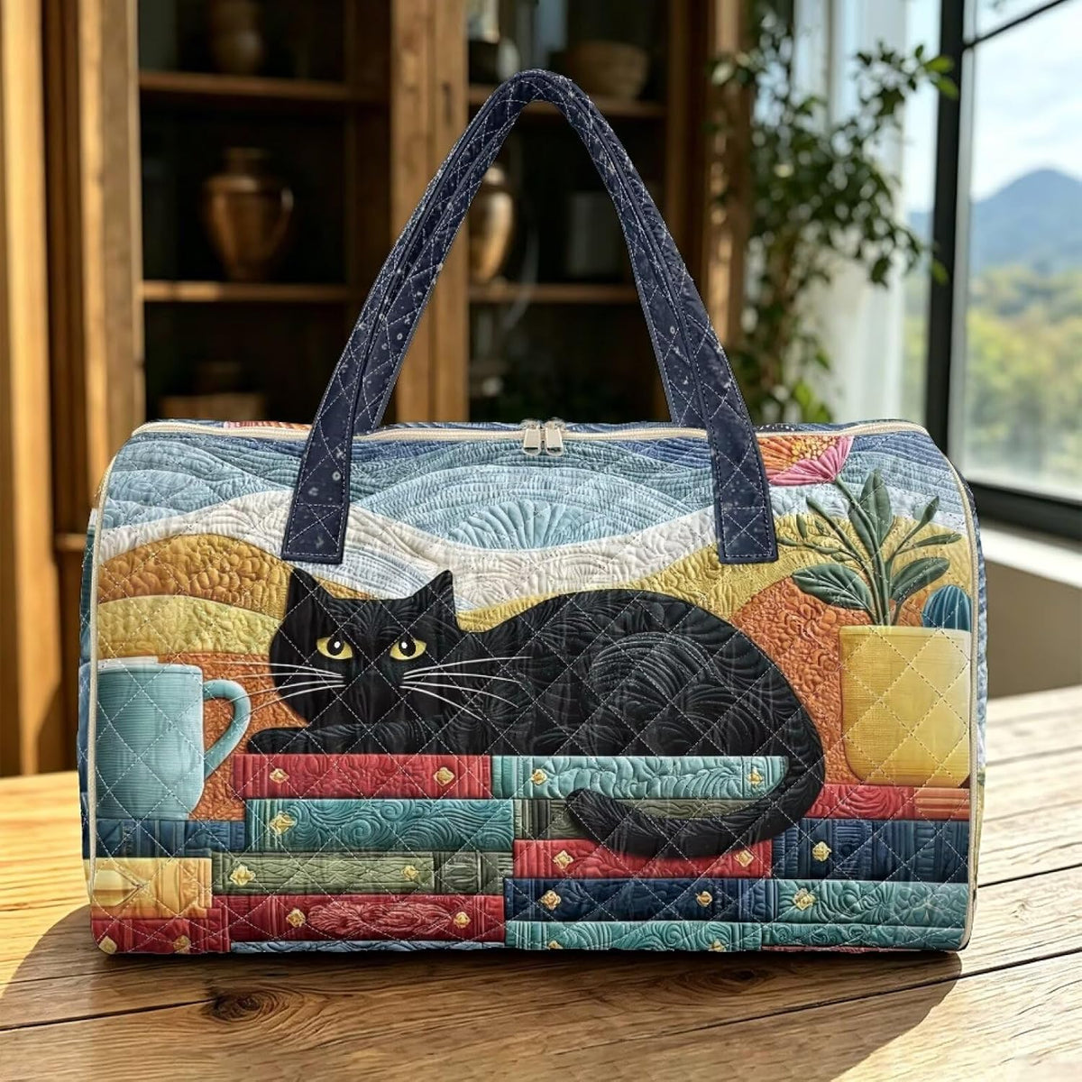 Black Cat Quilted Tote Bag Duffle Bags For Women Travel Quilt Sling Shoulder Bag Large Overnight Hobo Handbag for Work Gym Sport