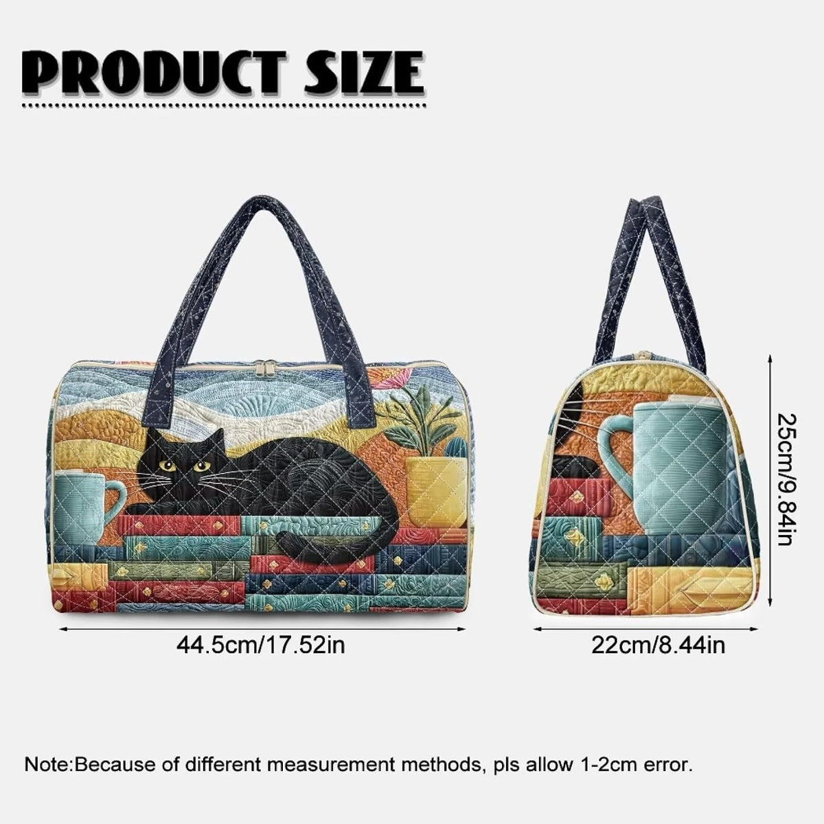 Black Cat Quilted Tote Bag Duffle Bags For Women Travel Quilt Sling Shoulder Bag Large Overnight Hobo Handbag for Work Gym Sport