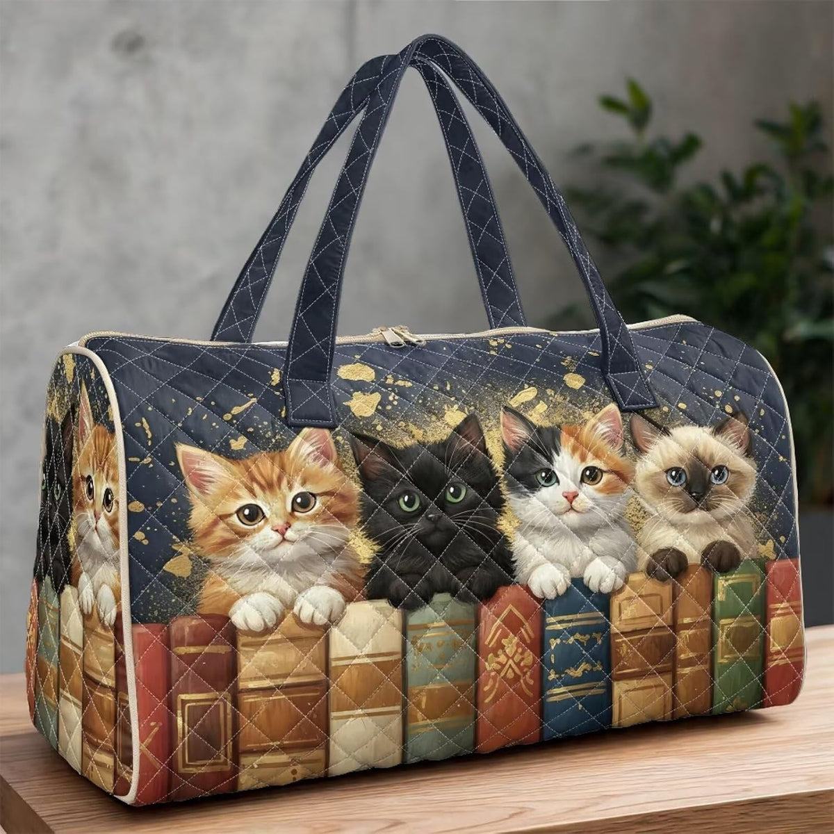 Black Cat Quilted Tote Bag Duffle Bags For Women Travel Quilt Sling Shoulder Bag Large Overnight Hobo Handbag for Work Gym Sport