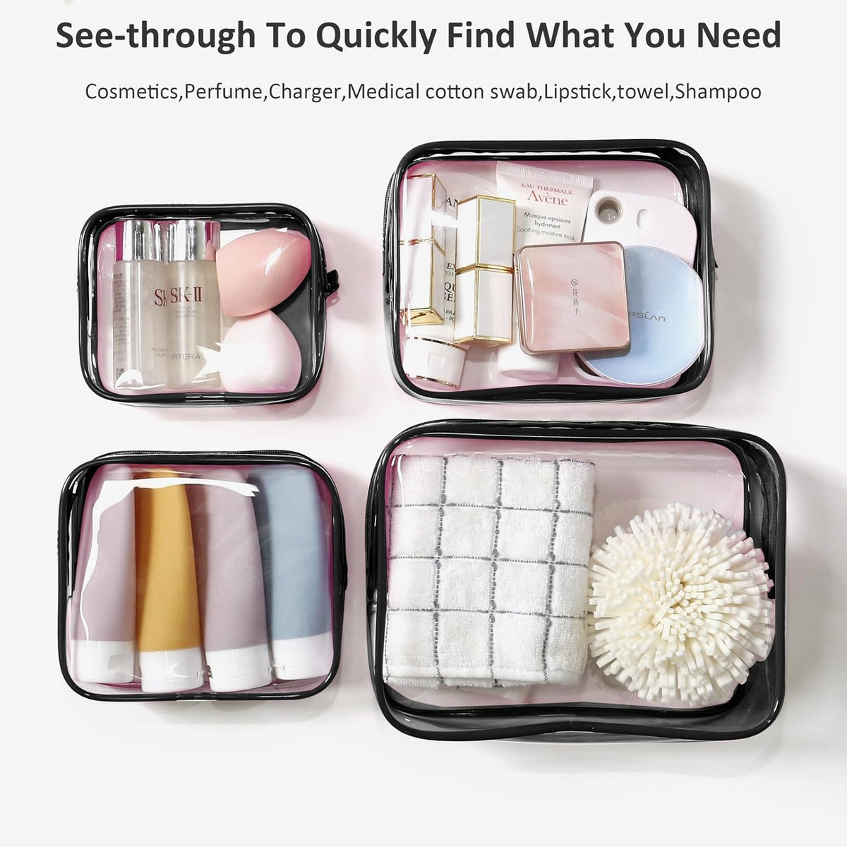 4 Pack Clear Toiletry Bag, Portable Travel Makeup Pouch with Zipper, TSA Approved Organizer, PVC Cosmetic for Airport Airline Compliant (Black, Pack of 4)
