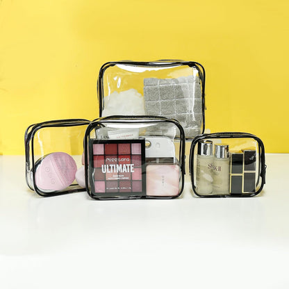 4 Pack Clear Toiletry Bag, Portable Travel Makeup Pouch with Zipper, TSA Approved Organizer, PVC Cosmetic for Airport Airline Compliant (Black, Pack of 4)
