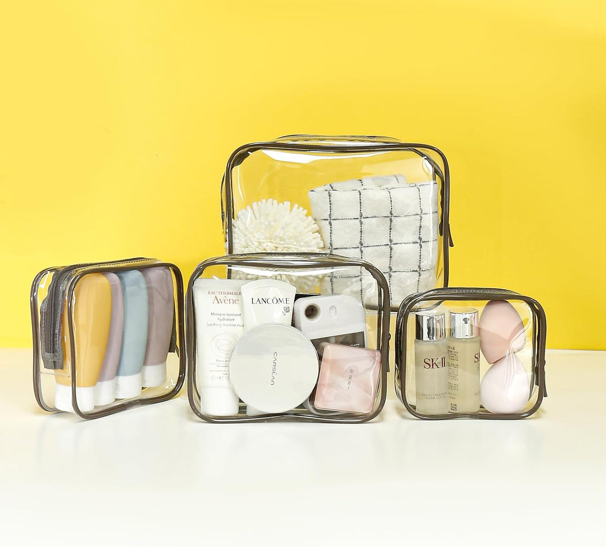 4 Pack Clear Toiletry Bag, Portable Travel Makeup Pouch with Zipper, TSA Approved Organizer, PVC Cosmetic for Airport Airline Compliant (Black, Pack of 4)