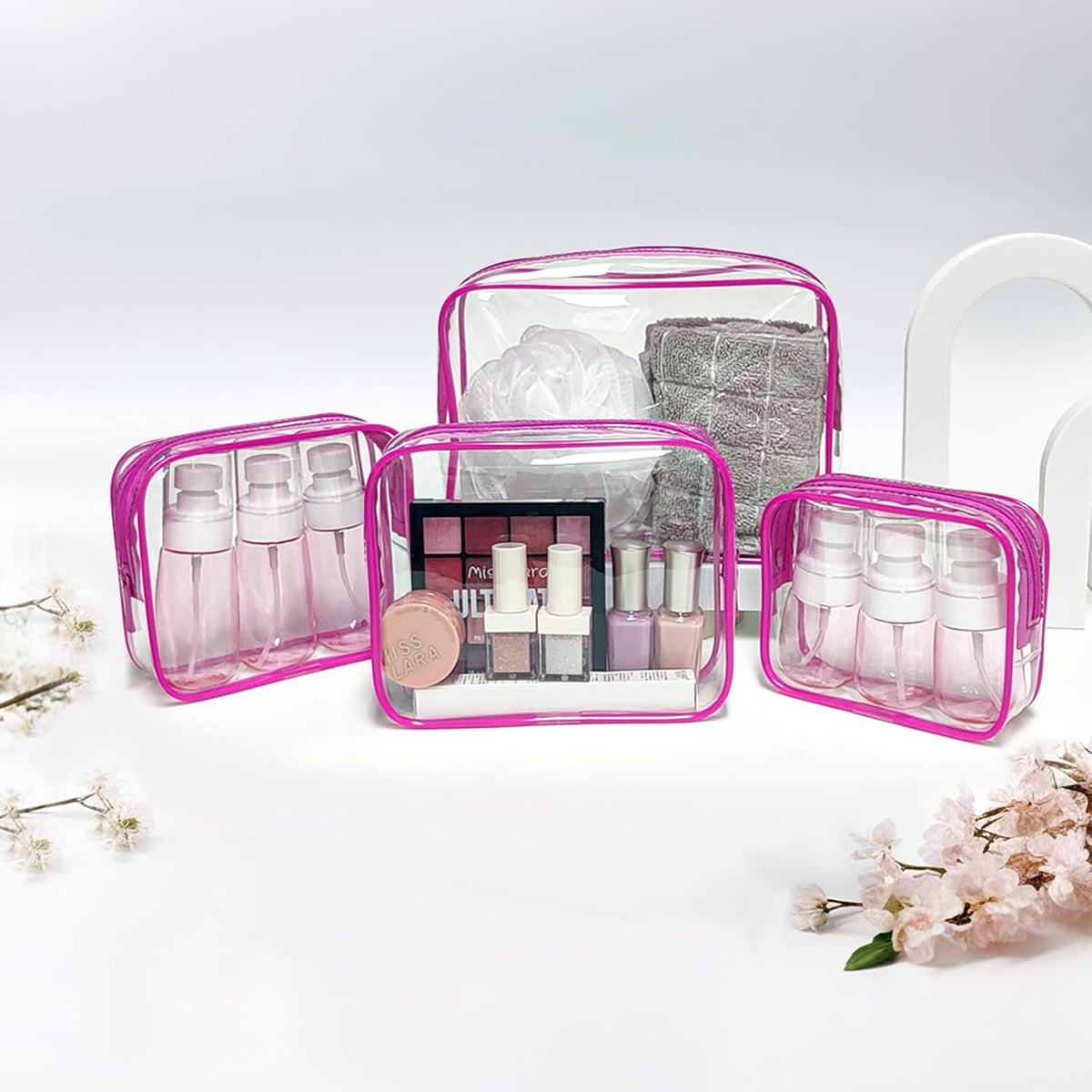 4 Pack Clear Toiletry Bag, Portable Travel Makeup Pouch with Zipper, TSA Approved Organizer, PVC Cosmetic for Airport Airline Compliant (Black, Pack of 4)