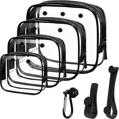 4 Pack Clear Toiletry Bag, Portable Travel Makeup Pouch with Zipper, TSA Approved Organizer, PVC Cosmetic for Airport Airline Compliant (Black, Pack of 4)