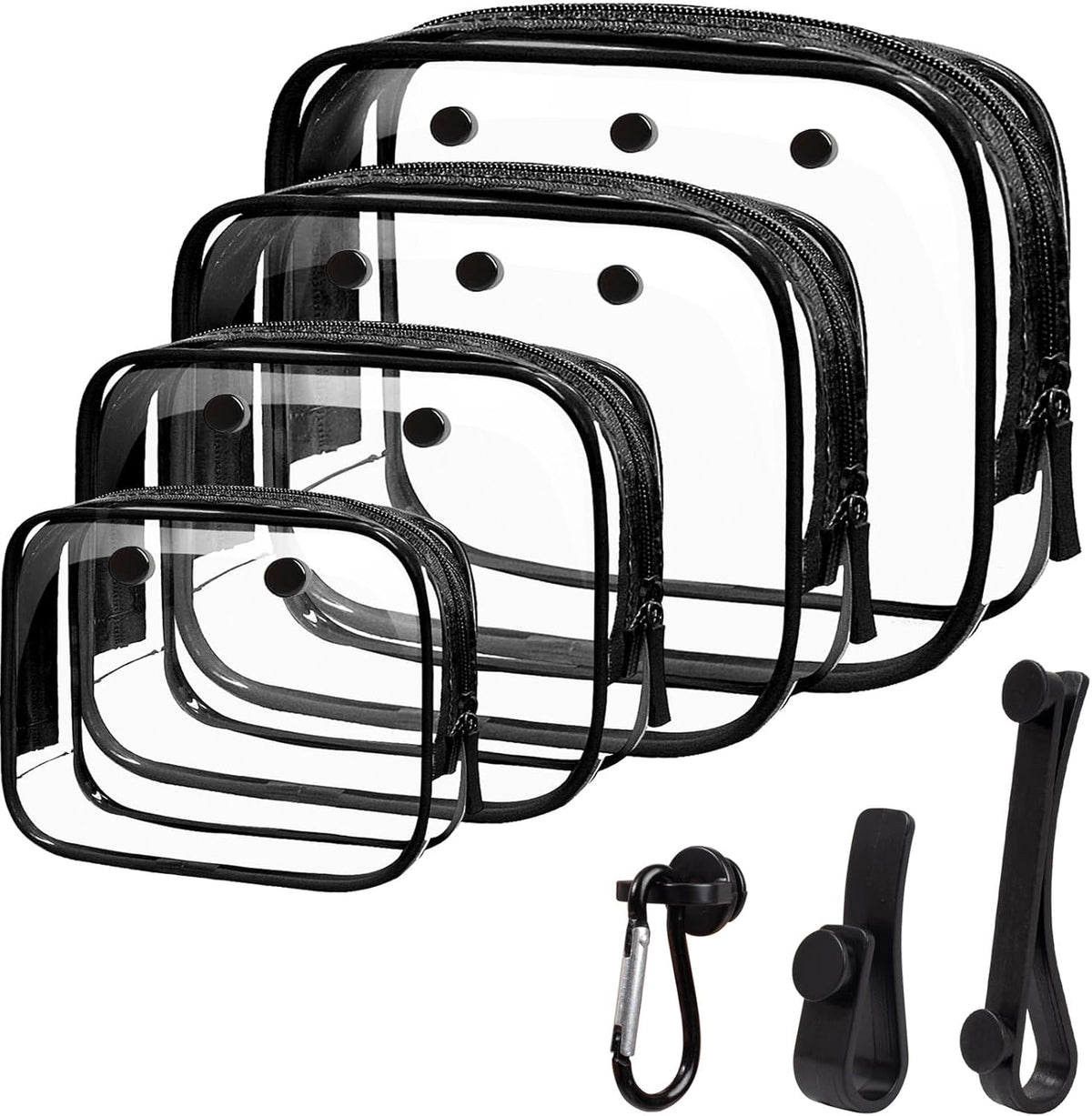 4 Pack Clear Toiletry Bag, Portable Travel Makeup Pouch with Zipper, TSA Approved Organizer, PVC Cosmetic for Airport Airline Compliant (Black, Pack of 4)