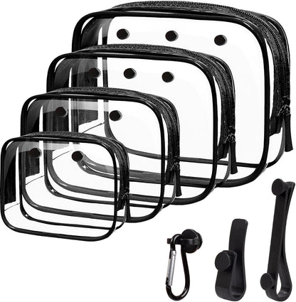 4 Pack Clear Toiletry Bag, Portable Travel Makeup Pouch with Zipper, TSA Approved Organizer, PVC Cosmetic for Airport Airline Compliant (Black, Pack of 4)