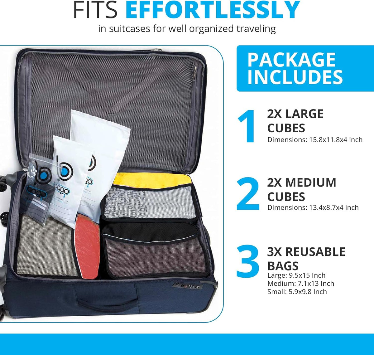 bago 7 Pcs Packing Cubes for Travel - 4 Travel Packing Cubes for Suitcases with 3 ZipLock Bags - Luggage Organizer Bags to Get Maximum Storage, Save Time & Effort to Pack (Green Red PurpleYellow)