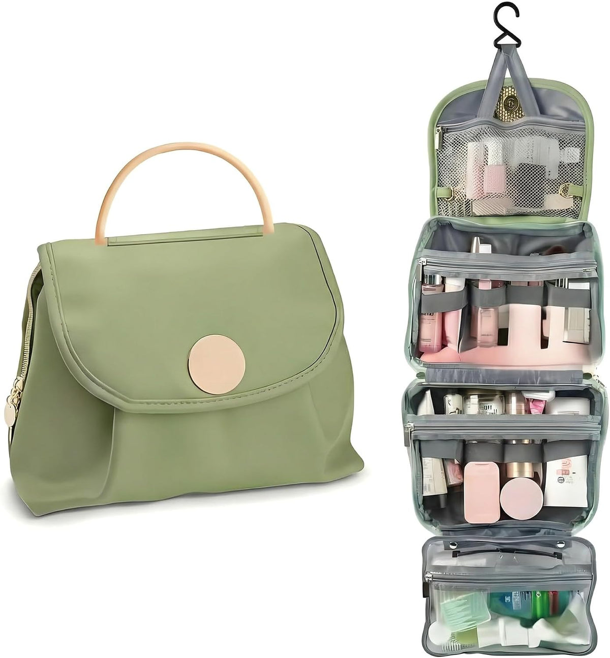 Travel Toiletry Bag for Women - Hanging Cosmetic Makeup Organizer with Clear Compartments, Water-Resistant Cosmetic Bag, Perfect for Vacation, and Daily Use (green)