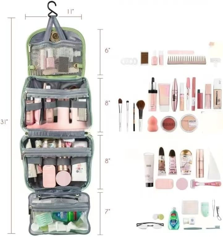 Travel Toiletry Bag for Women - Hanging Cosmetic Makeup Organizer with Clear Compartments, Water-Resistant Cosmetic Bag, Perfect for Vacation, and Daily Use (green)
