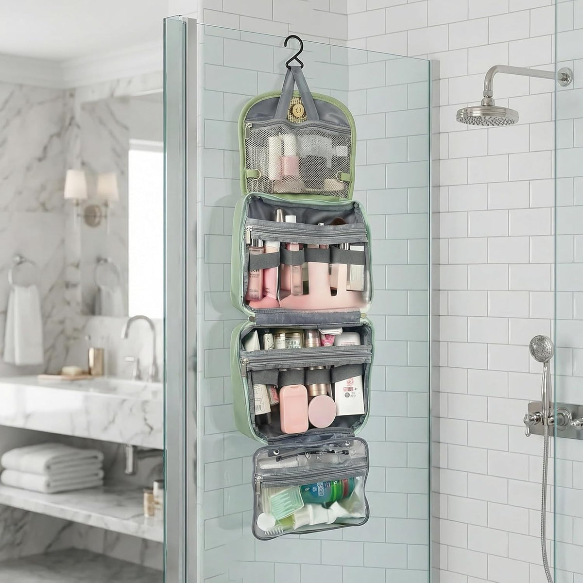 Travel Toiletry Bag for Women - Hanging Cosmetic Makeup Organizer with Clear Compartments, Water-Resistant Cosmetic Bag, Perfect for Vacation, and Daily Use (green)