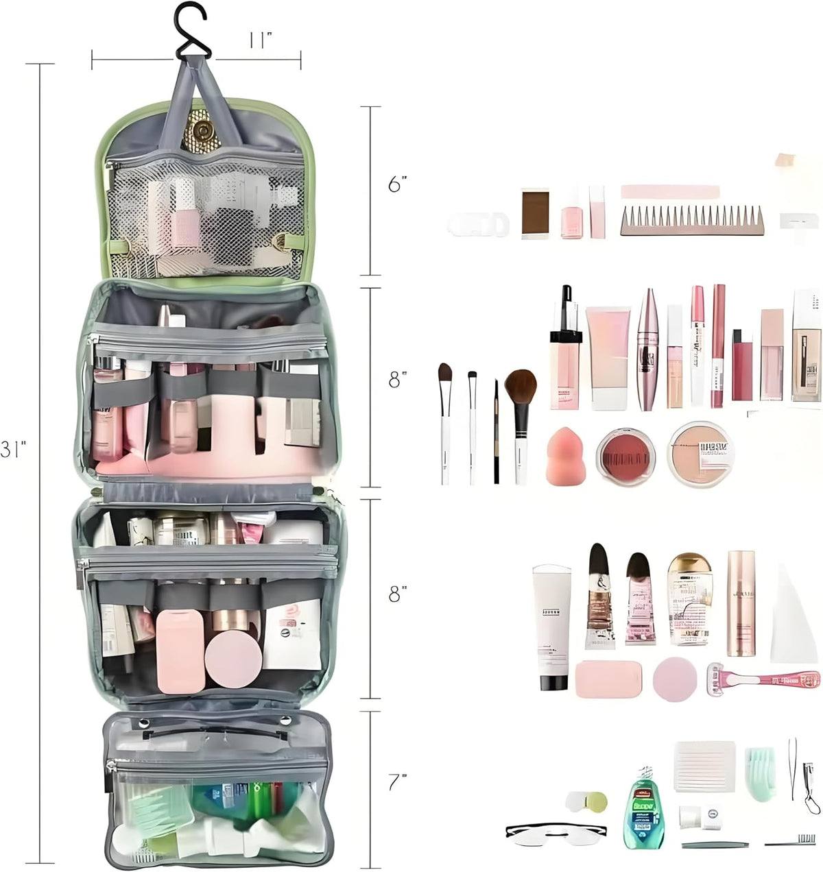 Travel Toiletry Bag for Women - Hanging Cosmetic Makeup Organizer with Clear Compartments, Water-Resistant Cosmetic Bag, Perfect for Vacation, and Daily Use (green)