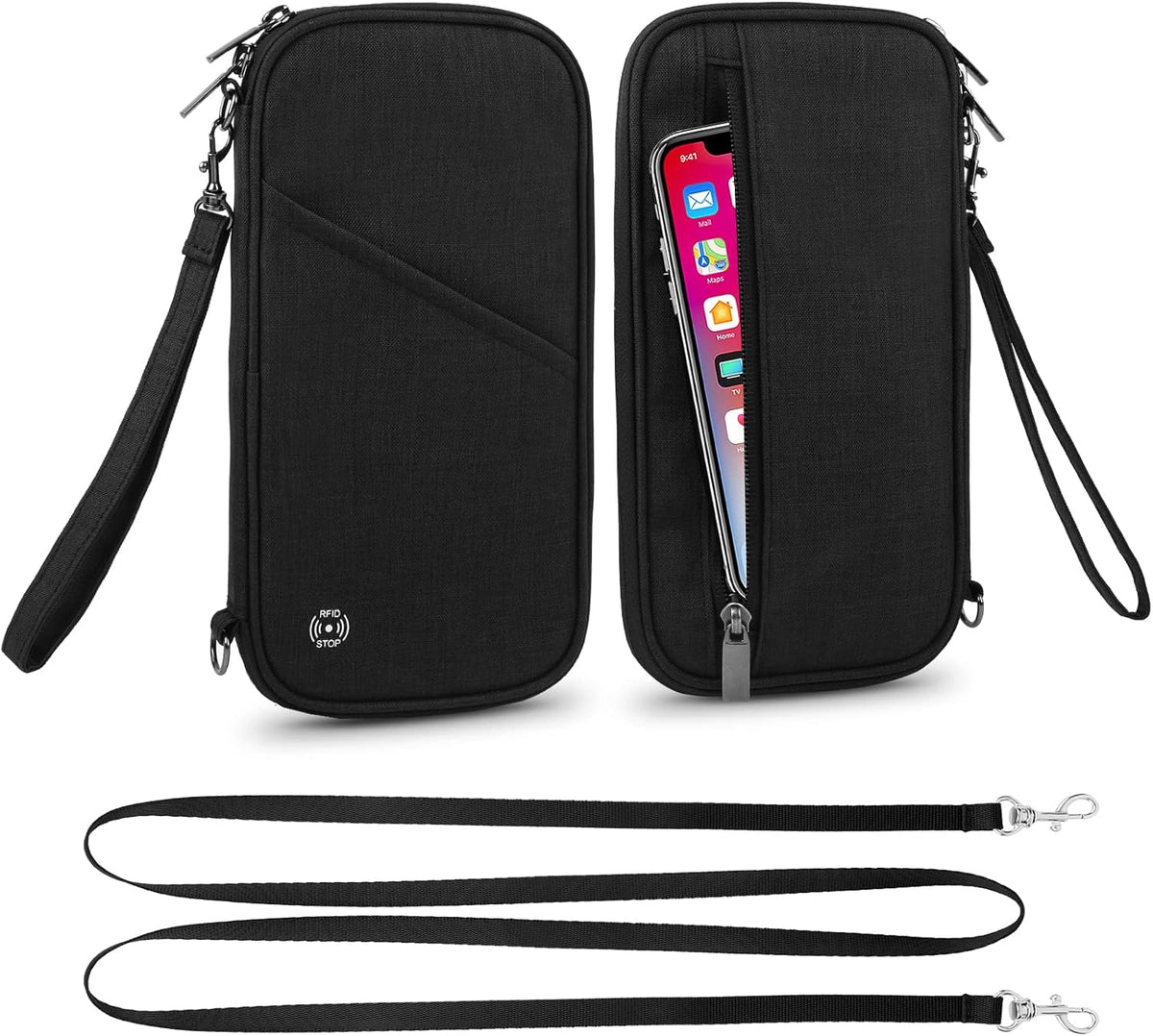 Passport Wallet, RFID Passport Holder with Vaccine Card Slot, for Family and Women & Men, Travel Document Organizer with Removable Wristlet Crossbody Strap (Black)