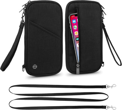 Passport Wallet, RFID Passport Holder with Vaccine Card Slot, for Family and Women & Men, Travel Document Organizer with Removable Wristlet Crossbody Strap (Black)
