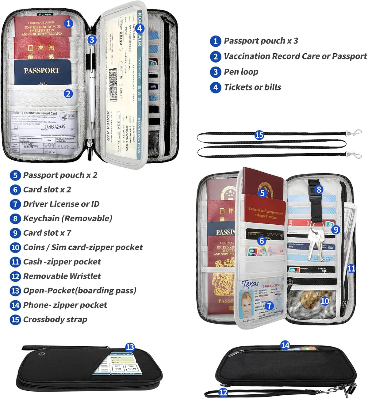 Passport Wallet, RFID Passport Holder with Vaccine Card Slot, for Family and Women & Men, Travel Document Organizer with Removable Wristlet Crossbody Strap (Black)
