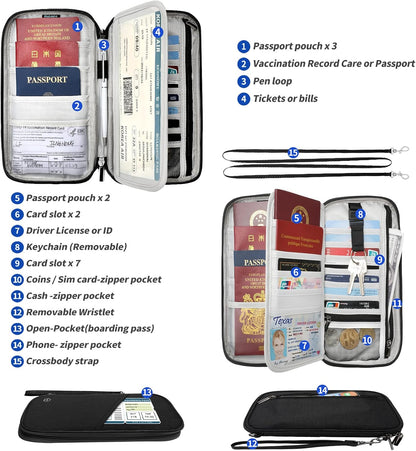 Passport Wallet, RFID Passport Holder with Vaccine Card Slot, for Family and Women & Men, Travel Document Organizer with Removable Wristlet Crossbody Strap (Black)