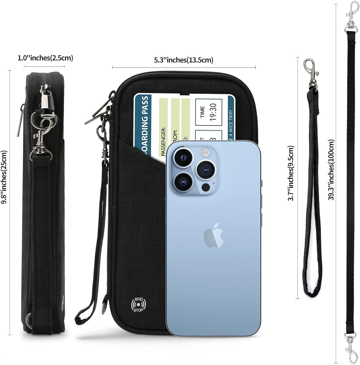 Passport Wallet, RFID Passport Holder with Vaccine Card Slot, for Family and Women & Men, Travel Document Organizer with Removable Wristlet Crossbody Strap (Black)