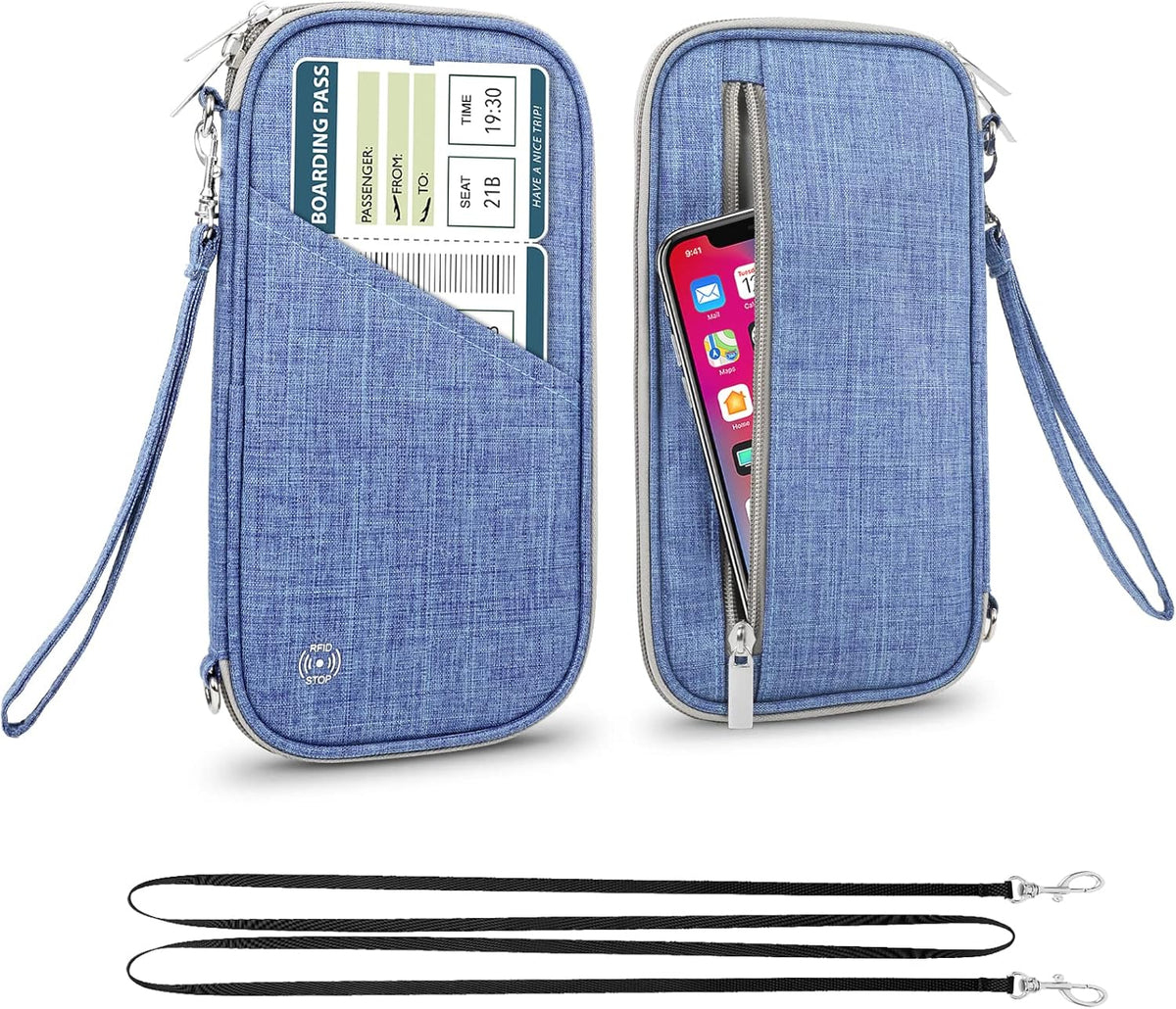 Passport Wallet, RFID Passport Holder with Vaccine Card Slot, for Family and Women & Men, Travel Document Organizer with Removable Wristlet Crossbody Strap (Black)
