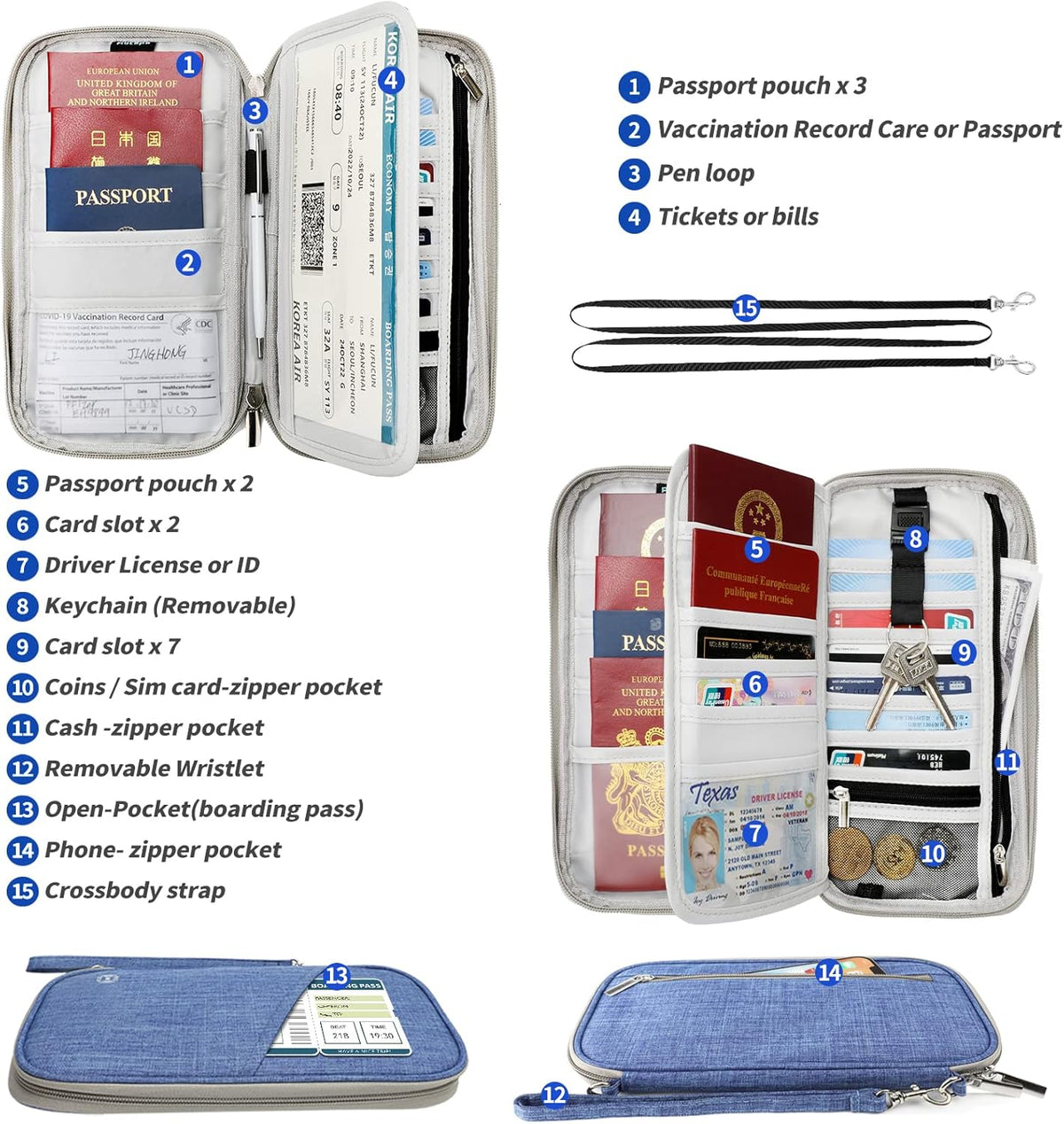 Passport Wallet, RFID Passport Holder with Vaccine Card Slot, for Family and Women & Men, Travel Document Organizer with Removable Wristlet Crossbody Strap (Black)