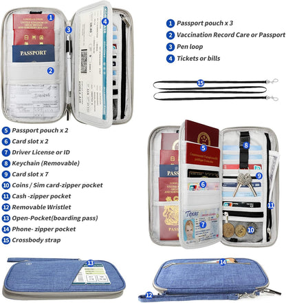 Passport Wallet, RFID Passport Holder with Vaccine Card Slot, for Family and Women & Men, Travel Document Organizer with Removable Wristlet Crossbody Strap (Black)