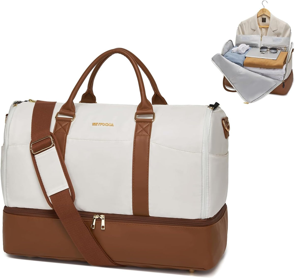 Convertible Garment Duffel Bag for Travel,2 in 1 Weekender Bag Hanging Suitcase for Women with Shoe Compartment, Carry On Suit Bags Travel Duffle Bag Beige