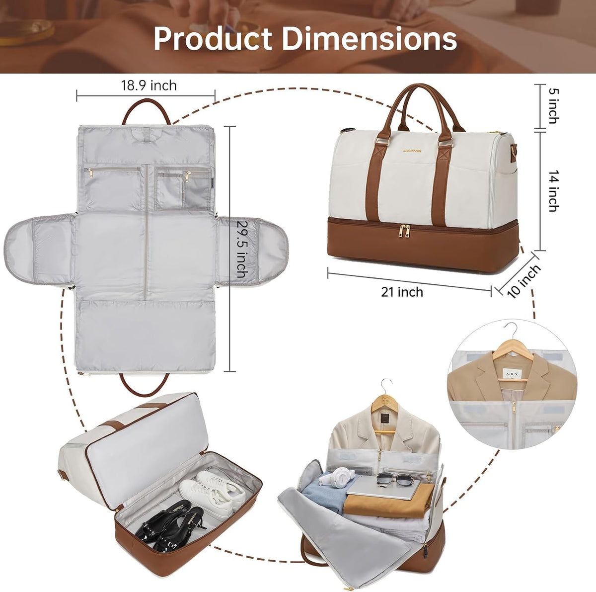 Convertible Garment Duffel Bag for Travel,2 in 1 Weekender Bag Hanging Suitcase for Women with Shoe Compartment, Carry On Suit Bags Travel Duffle Bag Beige