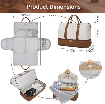Convertible Garment Duffel Bag for Travel,2 in 1 Weekender Bag Hanging Suitcase for Women with Shoe Compartment, Carry On Suit Bags Travel Duffle Bag Beige