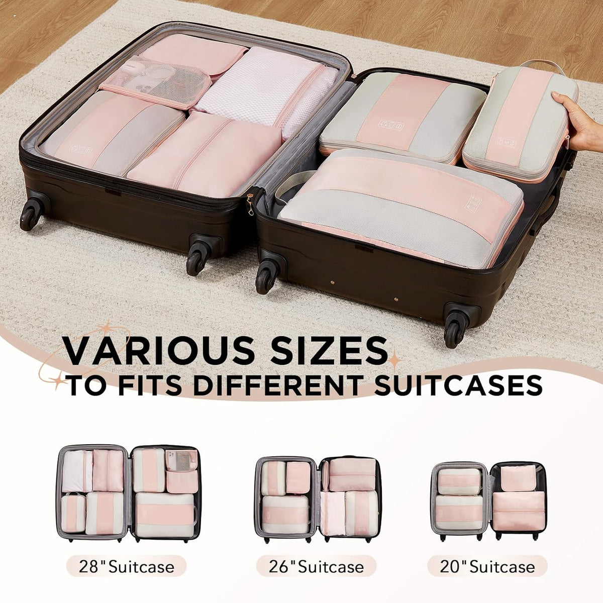 10 Set Compression Packing Cubes for Travel Essentials,Compressible Expandable Space Saver Bags for Organizing Clothes,Luggage Suitcase Garment Bags with Over 1000 pcs Mesh Holes(Black)