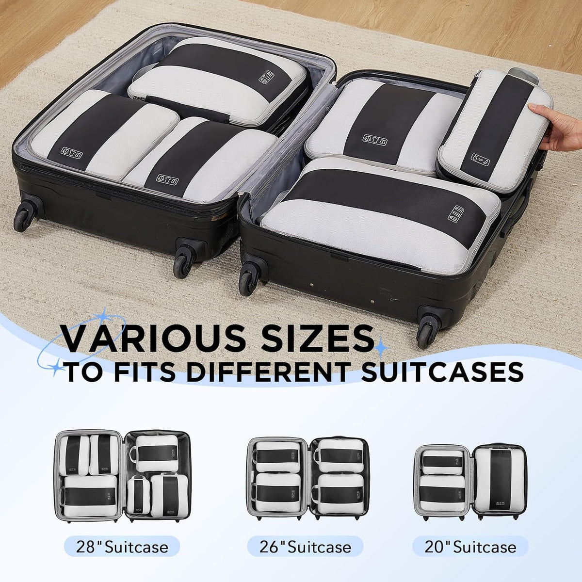 10 Set Compression Packing Cubes for Travel Essentials,Compressible Expandable Space Saver Bags for Organizing Clothes,Luggage Suitcase Garment Bags with Over 1000 pcs Mesh Holes(Black)