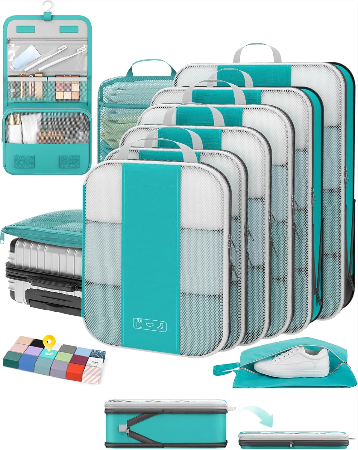 10 Set Compression Packing Cubes for Travel Essentials,Compressible Expandable Space Saver Bags for Organizing Clothes,Luggage Suitcase Garment Bags with Over 1000 pcs Mesh Holes(Black)