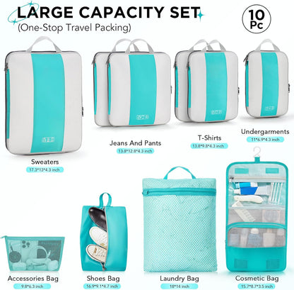 10 Set Compression Packing Cubes for Travel Essentials,Compressible Expandable Space Saver Bags for Organizing Clothes,Luggage Suitcase Garment Bags with Over 1000 pcs Mesh Holes(Black)