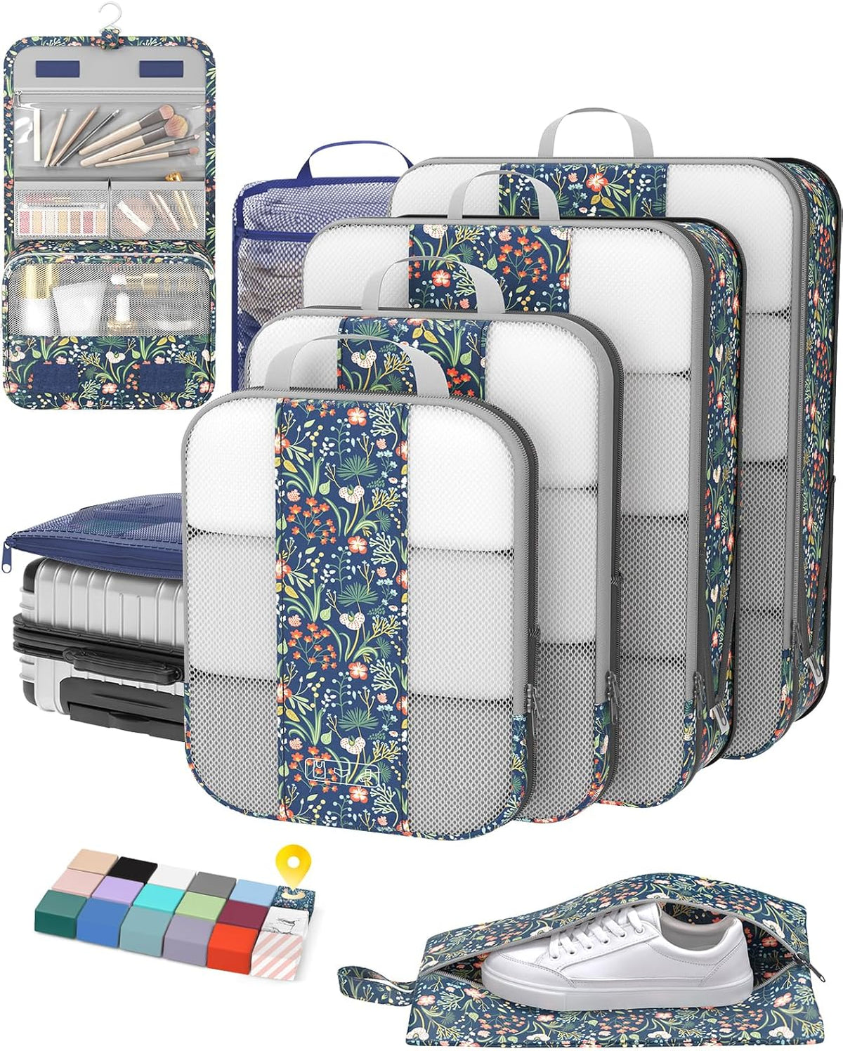 10 Set Compression Packing Cubes for Travel Essentials,Compressible Expandable Space Saver Bags for Organizing Clothes,Luggage Suitcase Garment Bags with Over 1000 pcs Mesh Holes(Black)