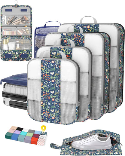 10 Set Compression Packing Cubes for Travel Essentials,Compressible Expandable Space Saver Bags for Organizing Clothes,Luggage Suitcase Garment Bags with Over 1000 pcs Mesh Holes(Black)