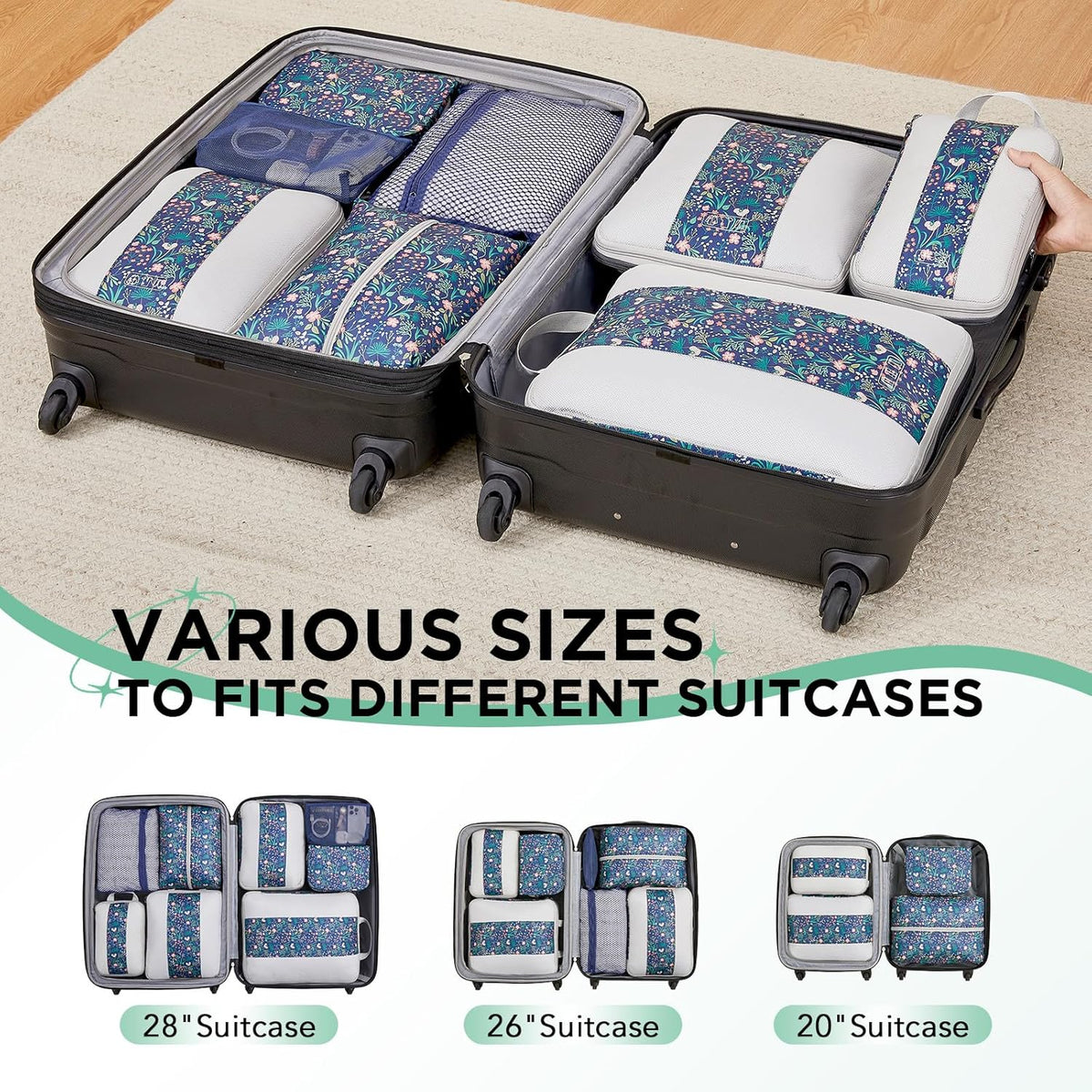 10 Set Compression Packing Cubes for Travel Essentials,Compressible Expandable Space Saver Bags for Organizing Clothes,Luggage Suitcase Garment Bags with Over 1000 pcs Mesh Holes(Black)