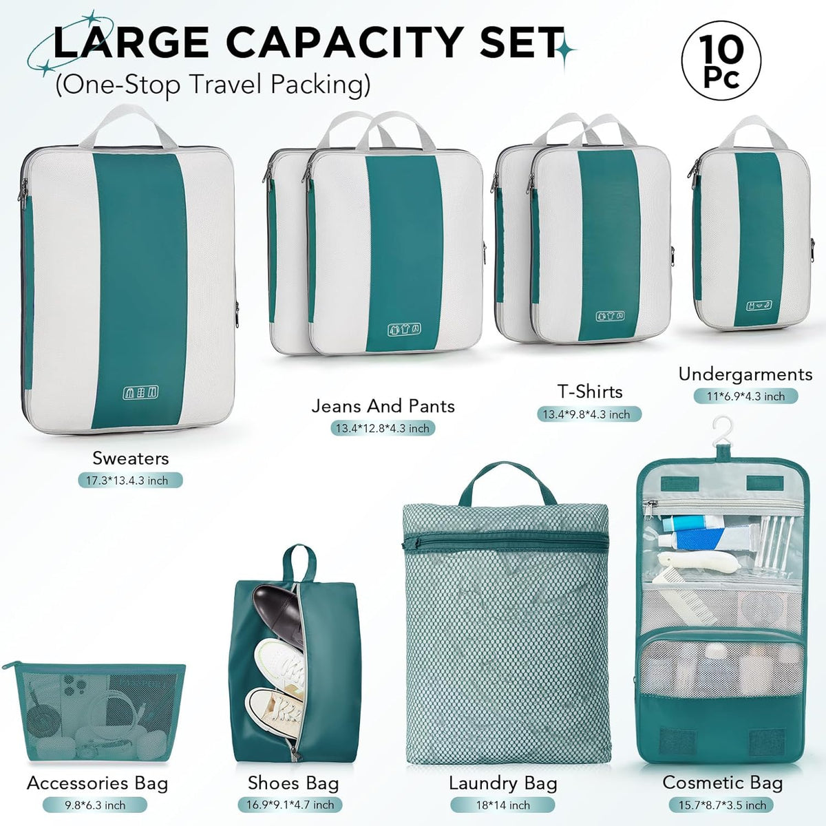 10 Set Compression Packing Cubes for Travel Essentials,Compressible Expandable Space Saver Bags for Organizing Clothes,Luggage Suitcase Garment Bags with Over 1000 pcs Mesh Holes(Black)