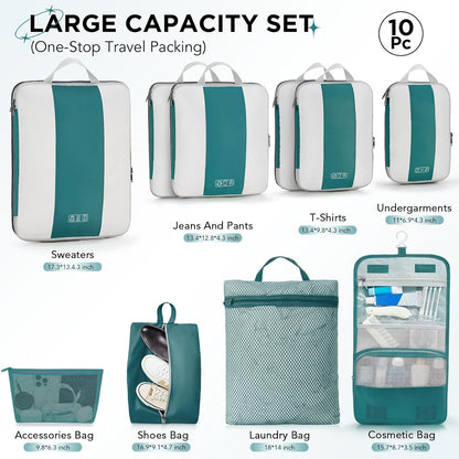 10 Set Compression Packing Cubes for Travel Essentials,Compressible Expandable Space Saver Bags for Organizing Clothes,Luggage Suitcase Garment Bags with Over 1000 pcs Mesh Holes(Black)