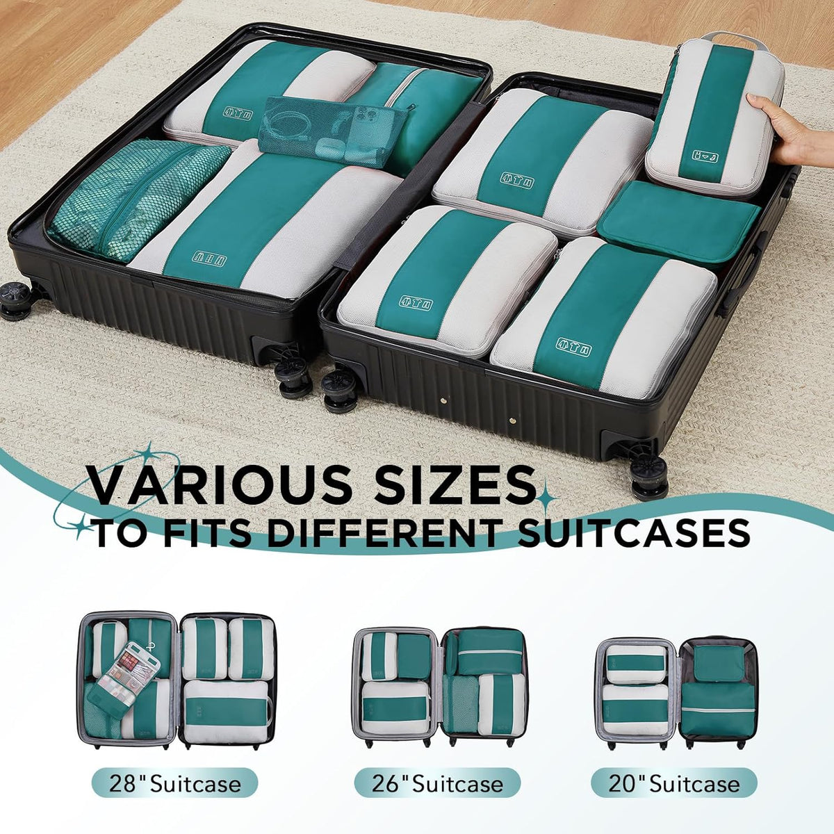 10 Set Compression Packing Cubes for Travel Essentials,Compressible Expandable Space Saver Bags for Organizing Clothes,Luggage Suitcase Garment Bags with Over 1000 pcs Mesh Holes(Black)